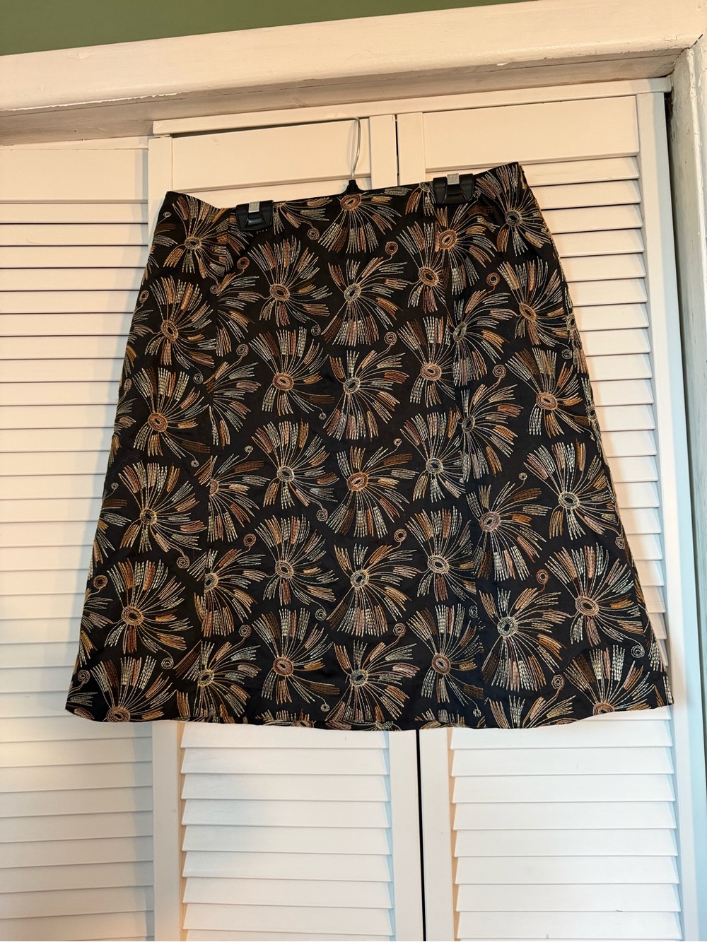 Talbots Black Embroidered A-Line Skirt Metallic Gold Bronze Starburst Lined 14